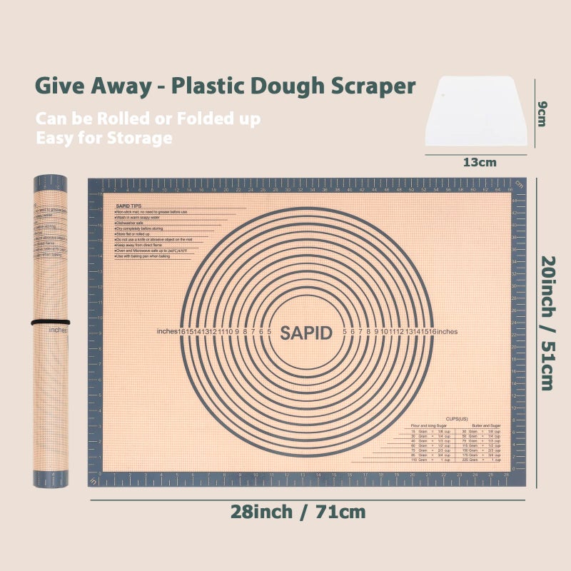Sapid Extra Thick Silicone Pastry Mat Non-slip with Measurements for Non-stick Silicone Baking Mat Extra Large, Dough Rolling, Pie Crust, Kneading Mats, Countertop, Placement Mats (20" x 28",Gray) - Image 2